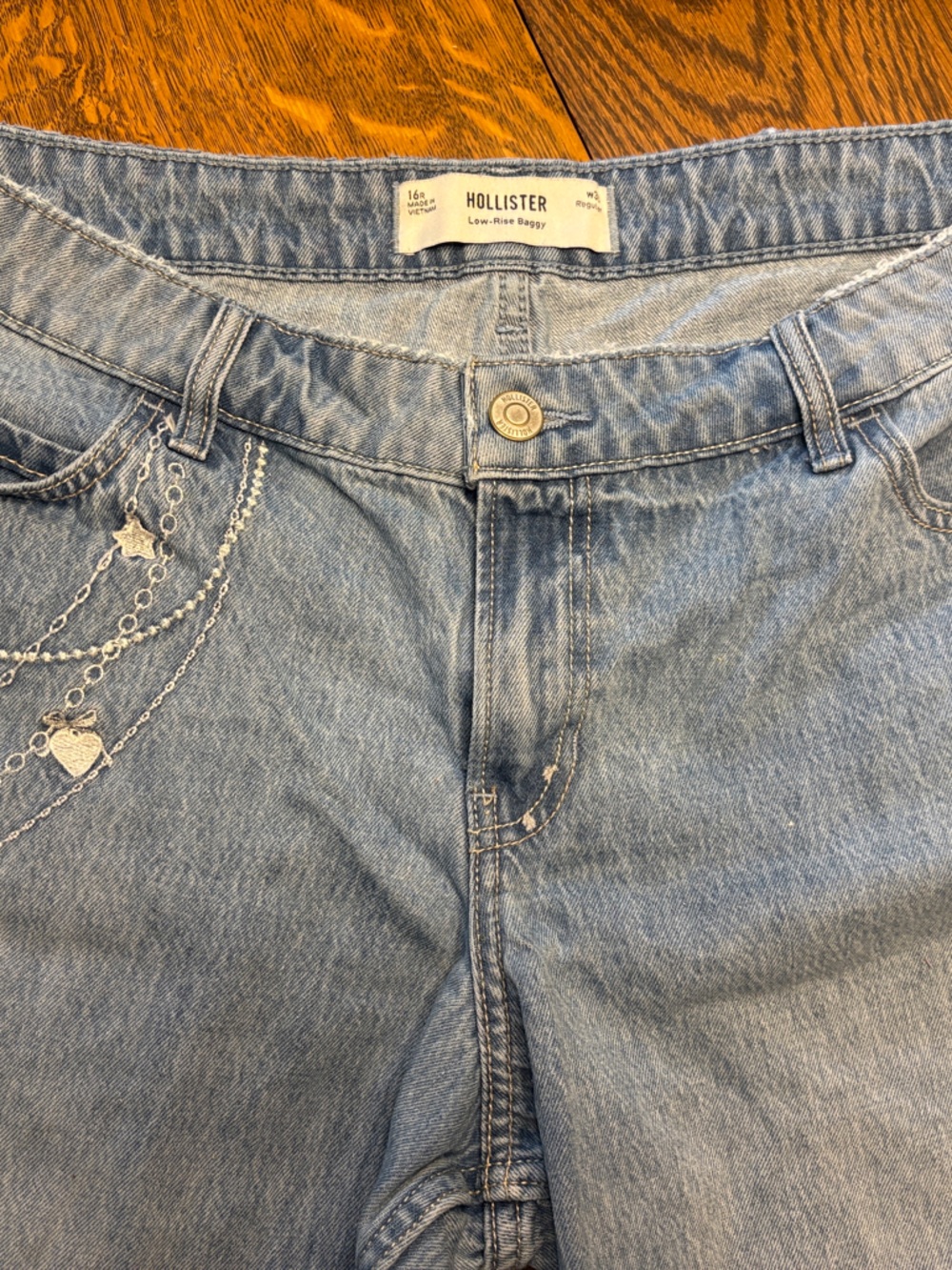 Hollister Light Blue Low-Rise Baggy Jeans with Embroidered Charm Chains